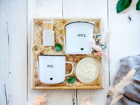 Mr. and Mrs. Enamel mug with candle set perfect wedding engagdment gift 